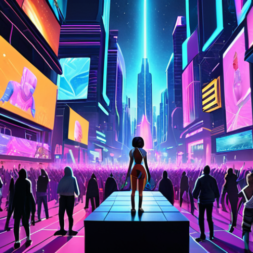 **Prompt:** A vibrant, bustling metaverse scene. Avatars of diverse styles and appearances interact in a futuristic cityscape, attending a virtual concert with holographic visuals and dynamic lighting. Energetic atmosphere, emphasizing connection and shared experiences in a digital world.