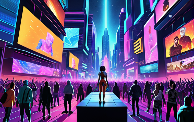 **Prompt:** A vibrant, bustling metaverse scene. Avatars of diverse styles and appearances interact in a futuristic cityscape, attending a virtual concert with holographic visuals and dynamic lighting. Energetic atmosphere, emphasizing connection and shared experiences in a digital world.