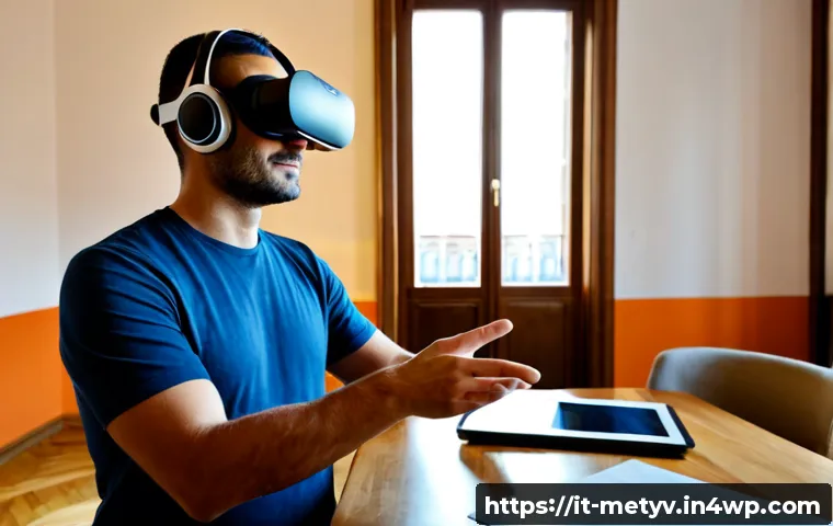 Home 14 가상 현실에서의 커뮤니티 정책 이해하기 - Photorealistic scene of an Italian adult wearing a modern virtual reality headset in a bright Milan ...